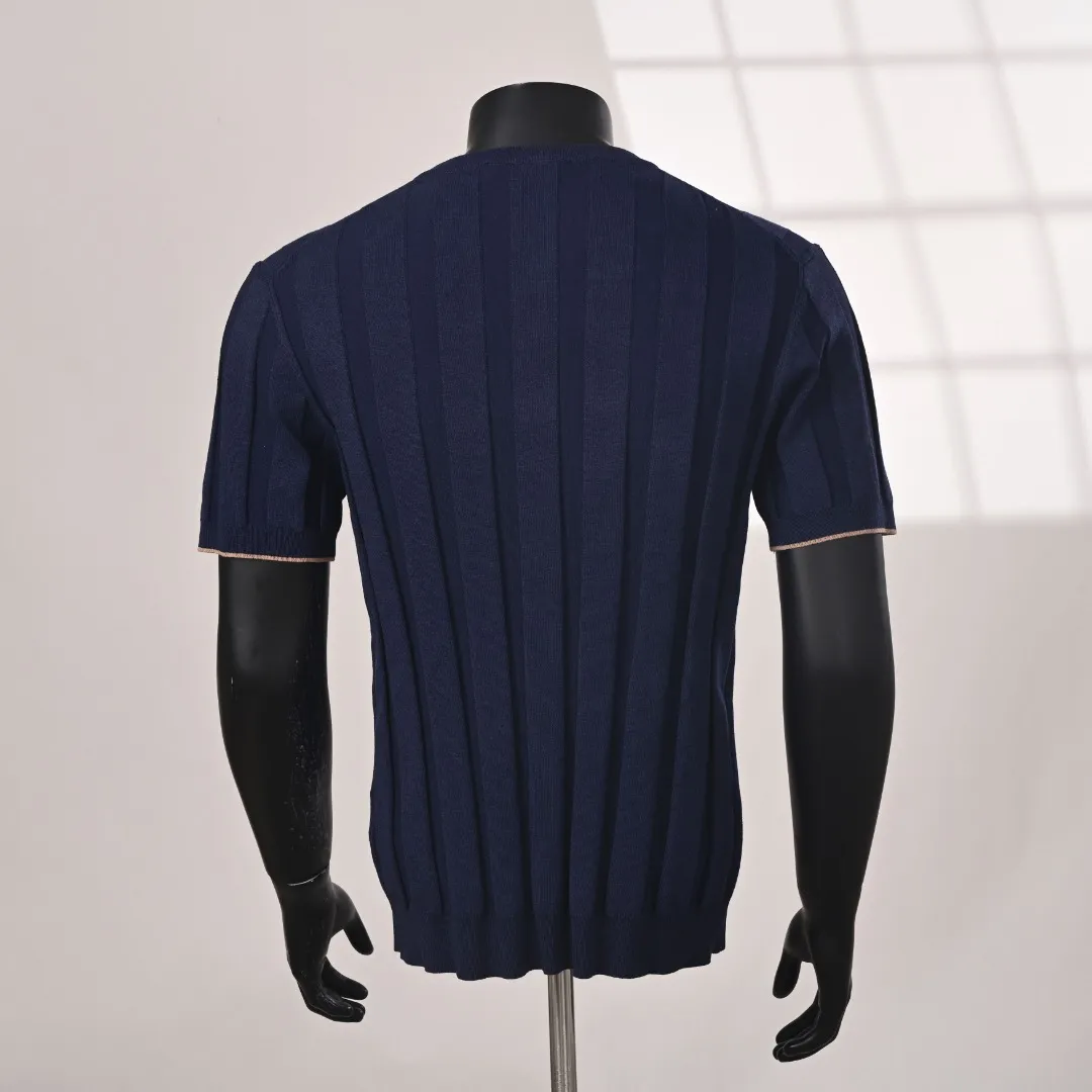 BRUNELLO CUCINELLI BC Two-color buttoned ribbed Henry collar knitted short-sleeved T-shirt Actual photo